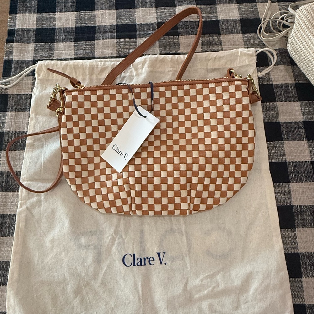 Clare V Natural and Cream Checkered Petit Moyen Crossbody Bag